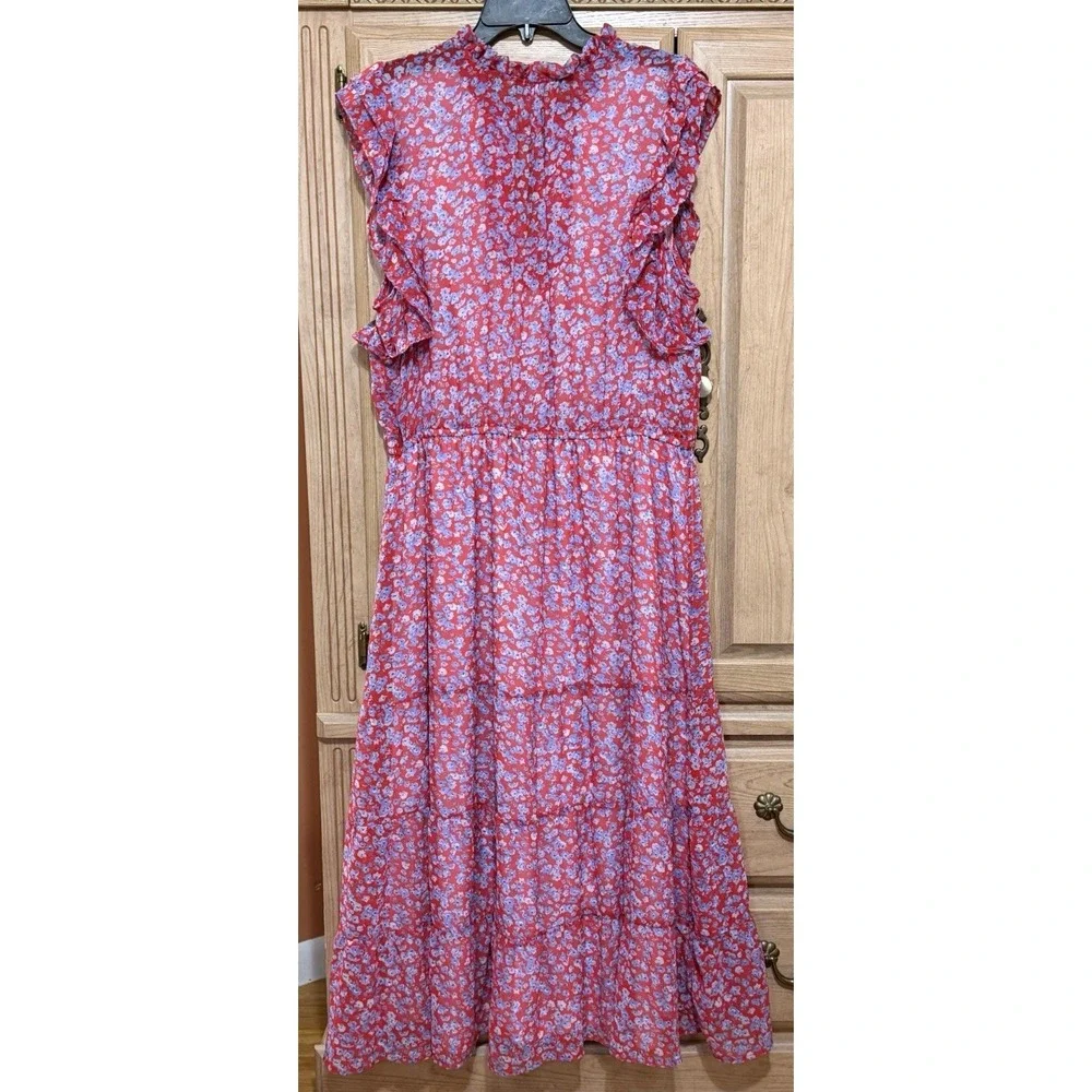 Black Tape Floral Ruffled Sleeve Tiered Maxi Dress Women's Sz 1X Red Cottagecore